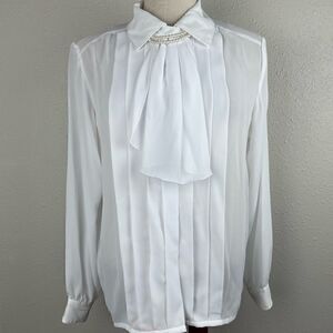 Vintage Laura & Jayme Collection White Button Down Ascot Shirt Size 12 EUC
